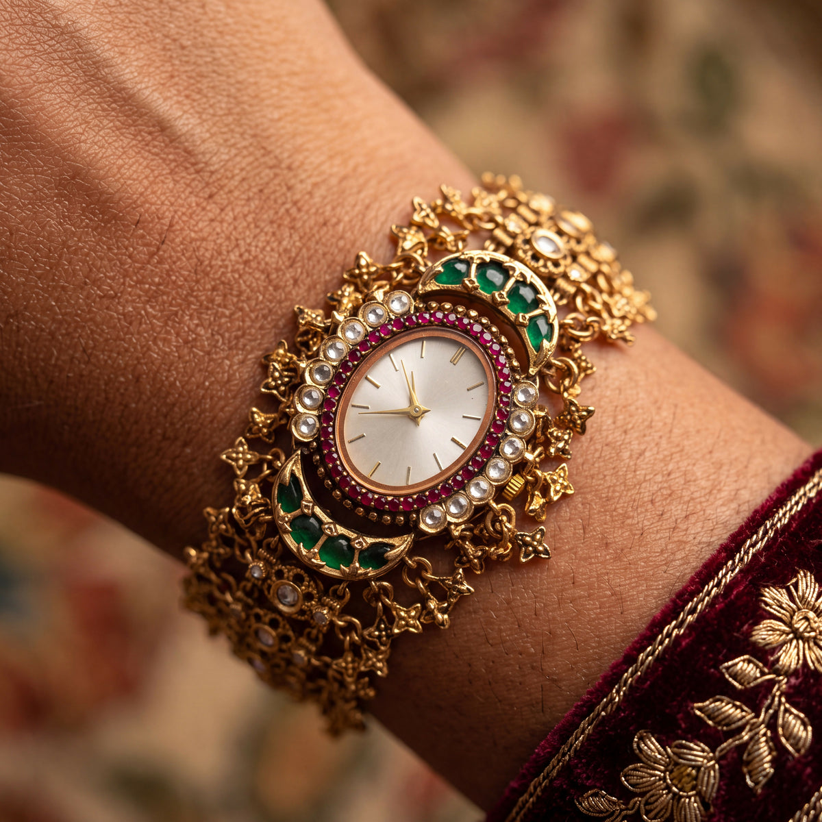 Antique Gold White Dial Ruby Bezel Emerald Crescent Kundan Bracelet Watch for Women & Girls | Stylish Watch | Wrist Watches for Girls | Ideal for gifting | Gift for Diwali, Christmas, Marriage, Birthday, anniversary, wedding