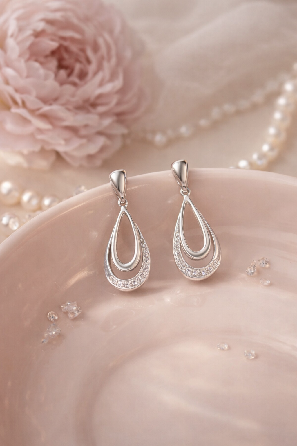Silver Cubic Zirconia Open Teardrop Earrings