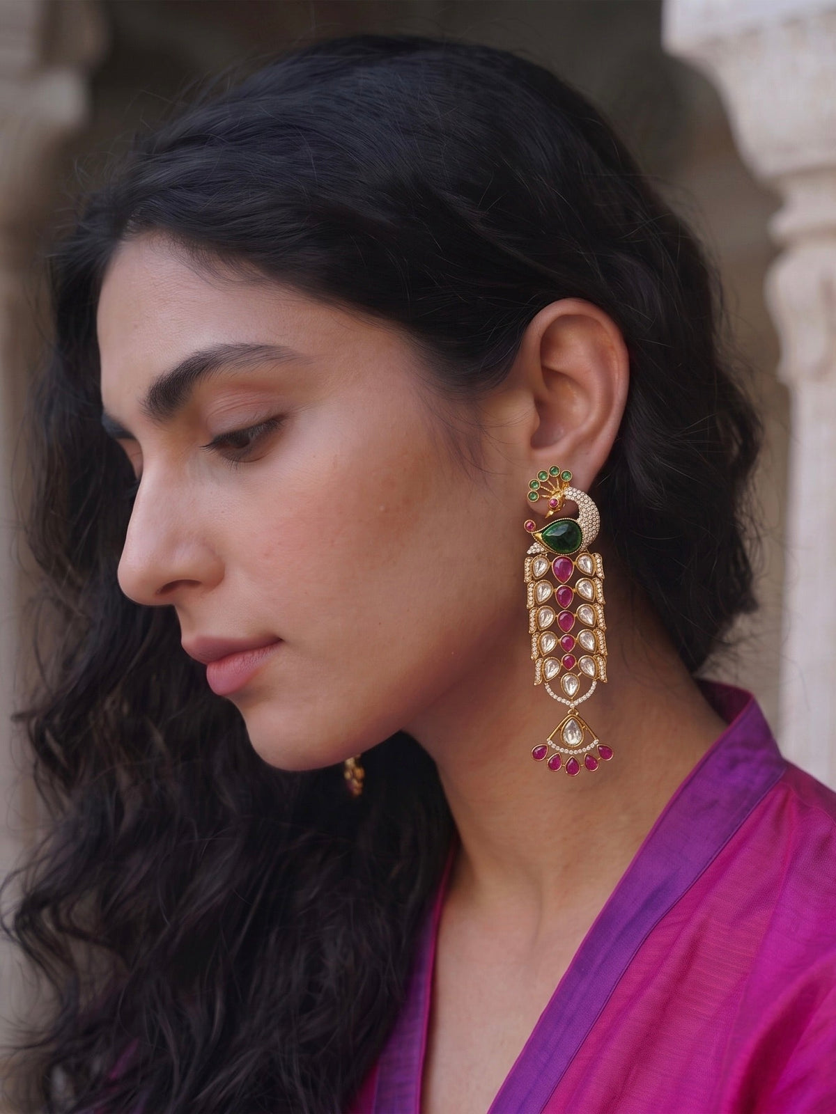 Peacock Motif Polki Statement Earrings