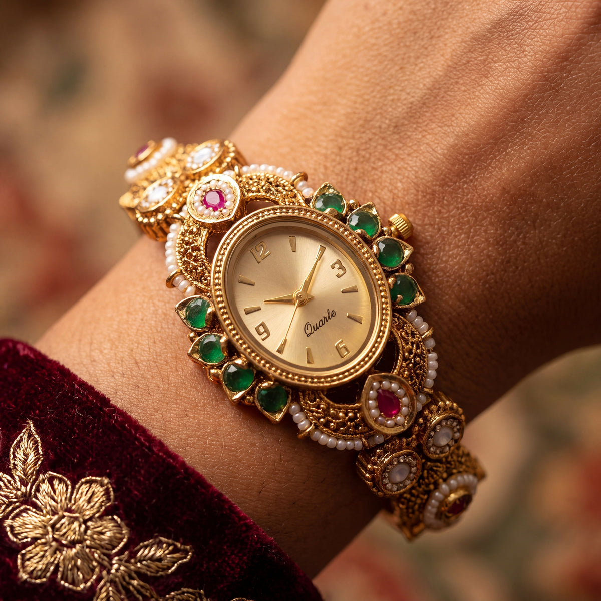 Antique Gold Emerald Petal Champagne Dial Kundan Bracelet Watch for Women & Girls | Stylish Watch | Wrist Watches for Girls | Ideal for gifting | Gift for Diwali, Christmas, Marriage, Birthday, anniversary, wedding