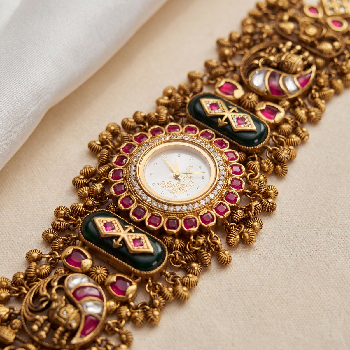 Antique Gold White Dial Peacock Motif Ruby Bezel Meenakari Ghungroo Bracelet Watch for Women & Girls | Stylish Watch | Wrist Watches for Girls | Ideal for gifting | Gift for Diwali, Christmas, Marriage, Birthday, anniversary, wedding