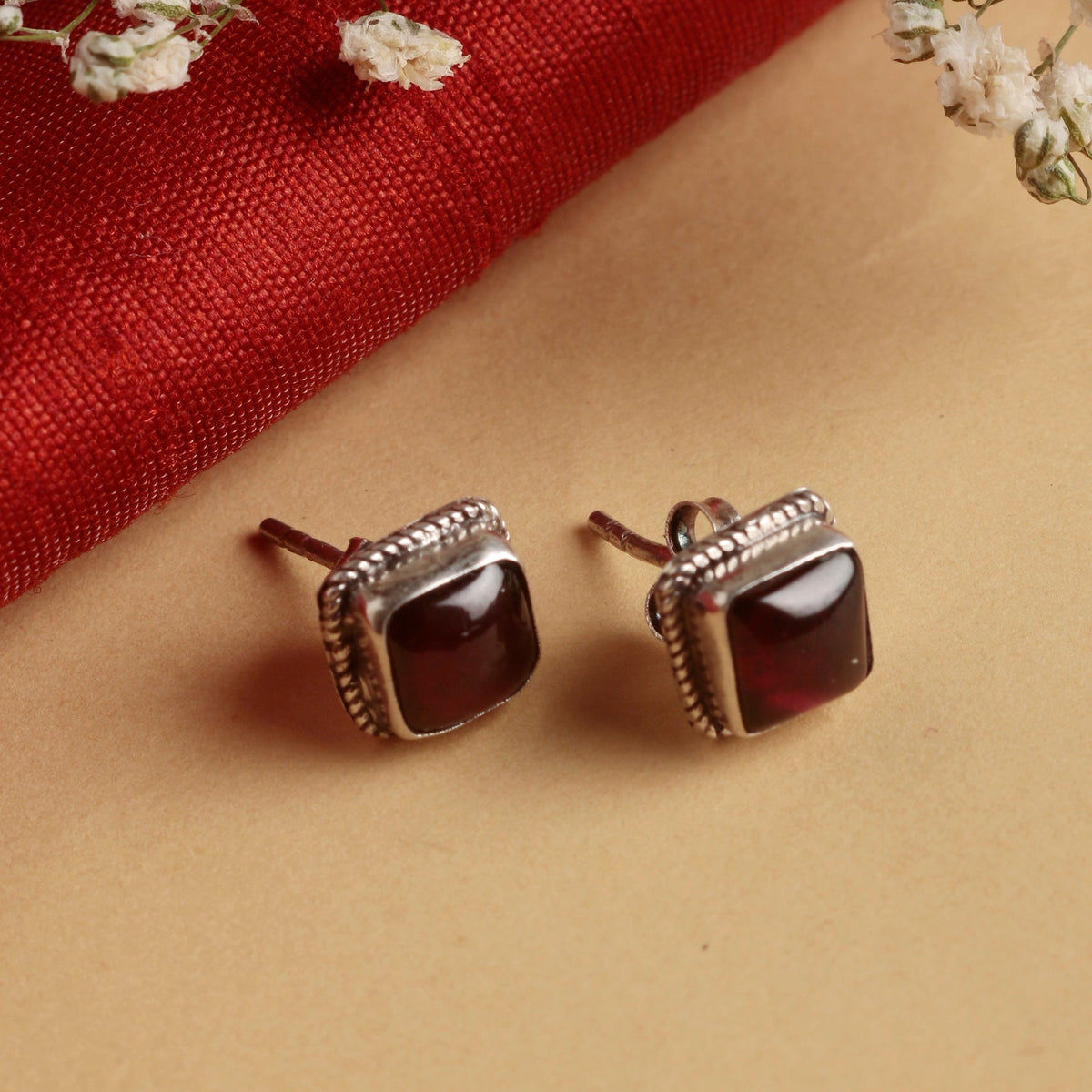 925 Sterling Silver Garnet Eartops for Women | Handcrafted Red Gemstone Jewelry | Elegant Small Stud Earrings