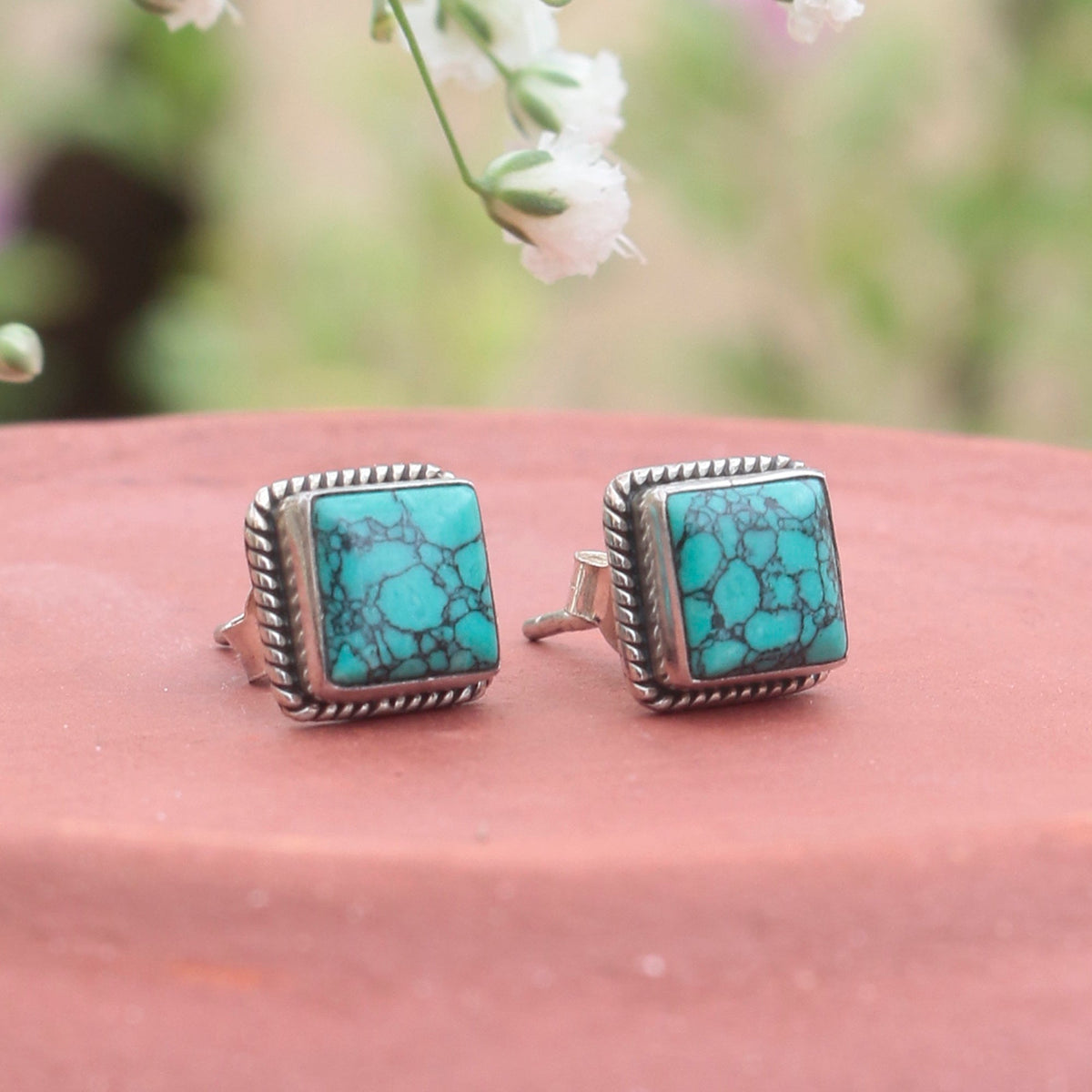925 silver square turquoise eartops handmade in bezel setting with push closure