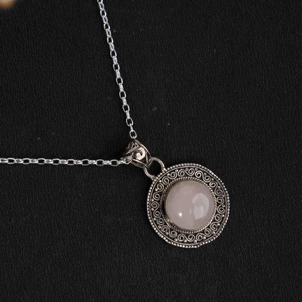 925 Sterling Silver Pendant Necklace with Round Rose Quartz Gemstone, Elegant Handmade Jewelry for Women, Timeless Design