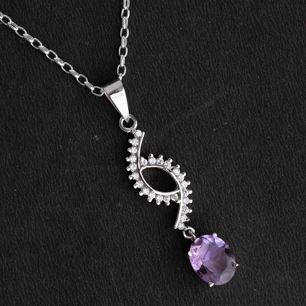 925 Amethyst Pendant with Zircon Stones in Sterling Silver, Elegant Handmade Jewelry for Women, Timeless Design