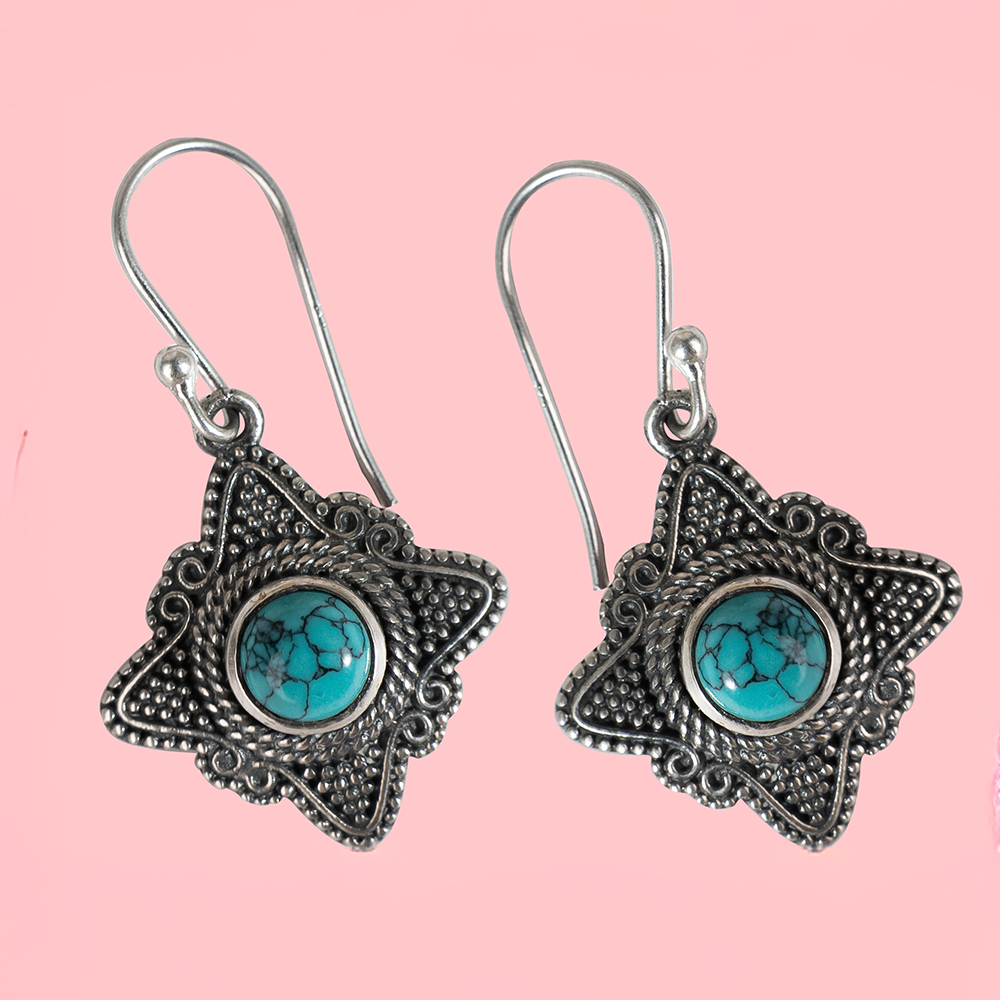 925 Elegant Sterling Silver Earrings with Turquoise Gemstone - Vintage-Inspired Boho Design, Perfect for Everyday and Occasions