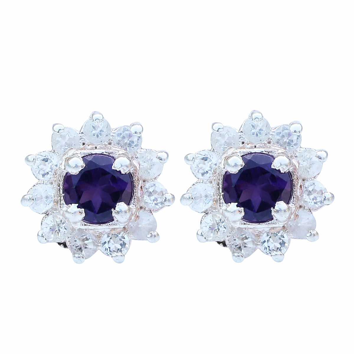 925 Sterling Silver Amethyst Flower Stud Earrings – Elegant Purple Gemstone Jewelry for Women