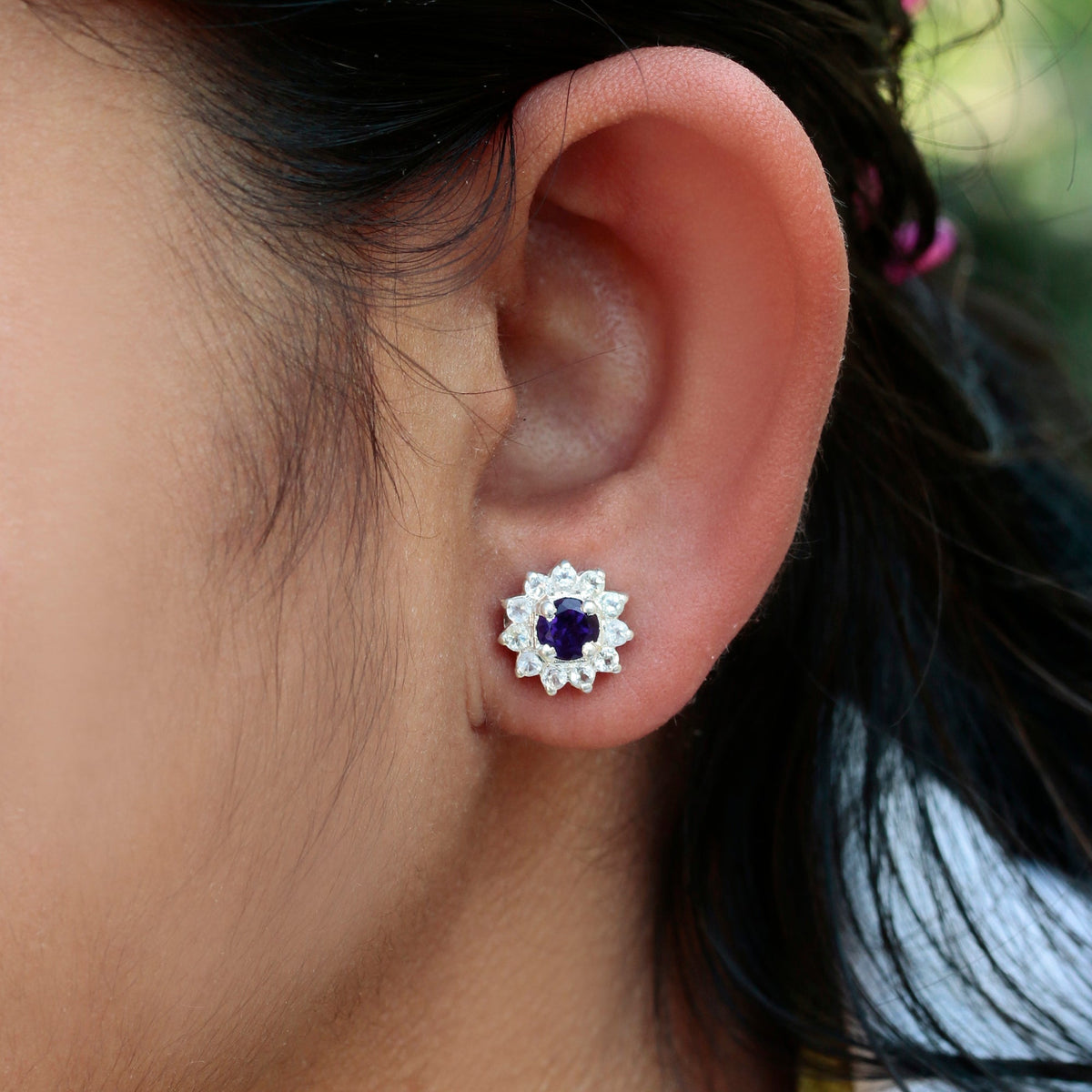925 Sterling Silver Amethyst Flower Stud Earrings – Elegant Purple Gemstone Jewelry for Women