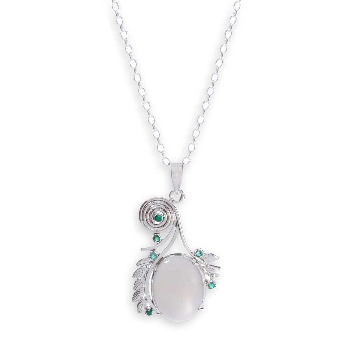 925  Silver Moonstone & emerald Pendant Necklace with Intricate Silver Detailing - 18-Inch Chain for Elegant Everyday Style