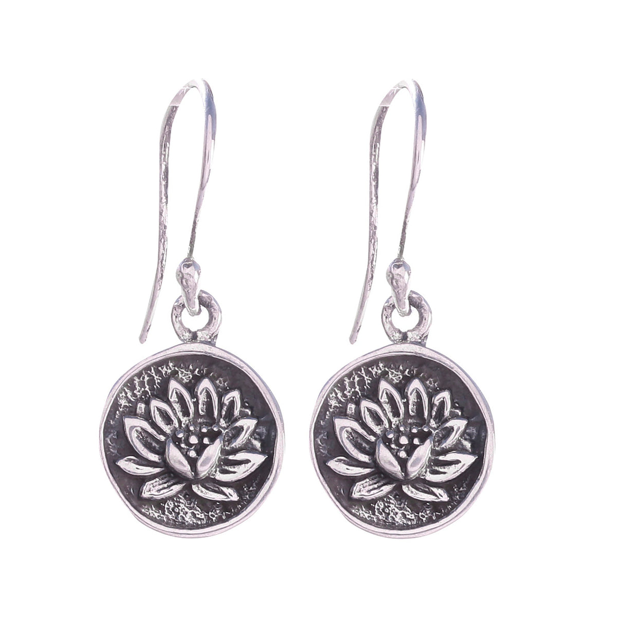925 Sterling Silver Round Disc Lotus Flower Dangle Earrings Boho Style
