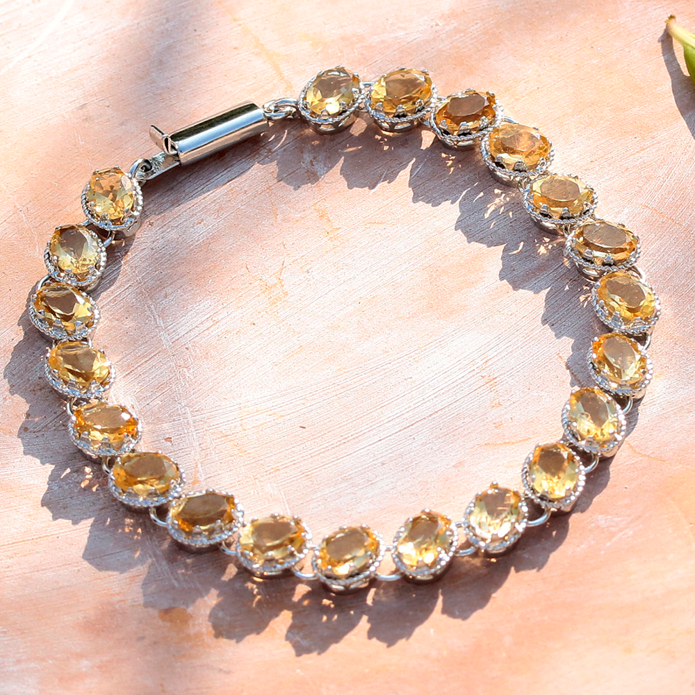 925 Sterling Silver Oval Cut Natural Yellow Citrine Bracelet For Women