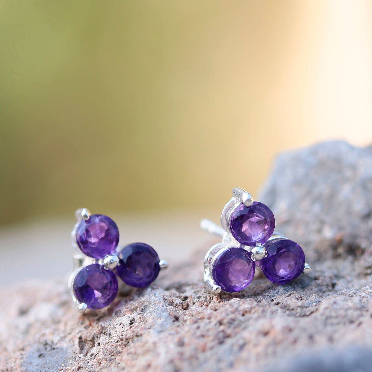 925 Silver Amethyst Stud Eartops – Elegant Round Design for Women & Girls