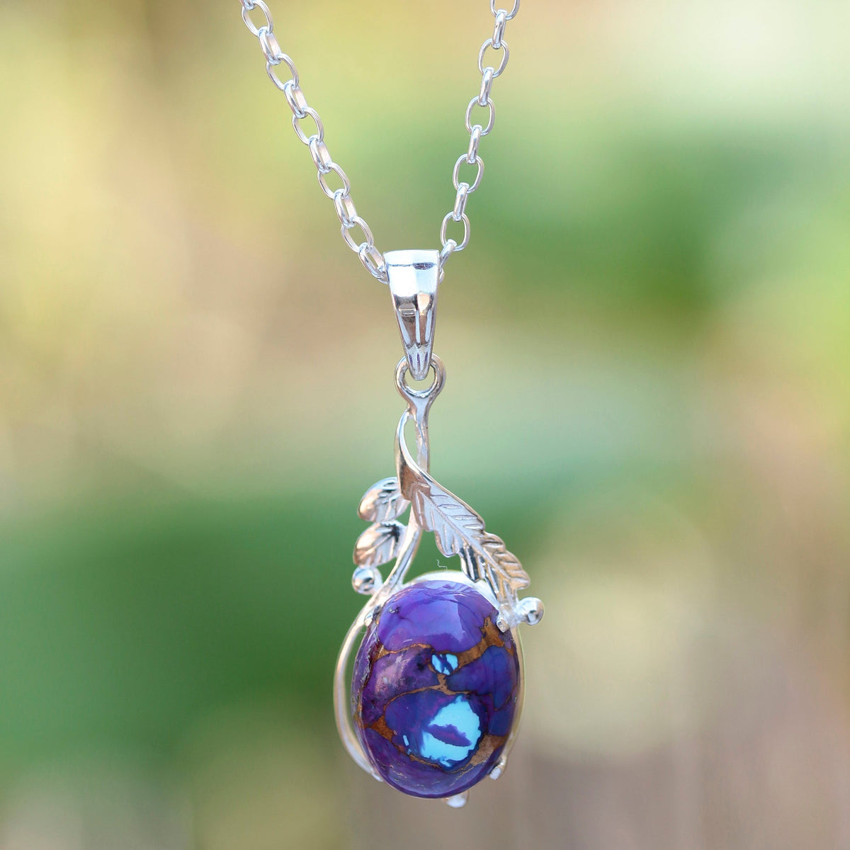 925  Sterling Silver Pendant with Purple Turquoise Gemstone – Elegant Nature-Inspired Jewelry