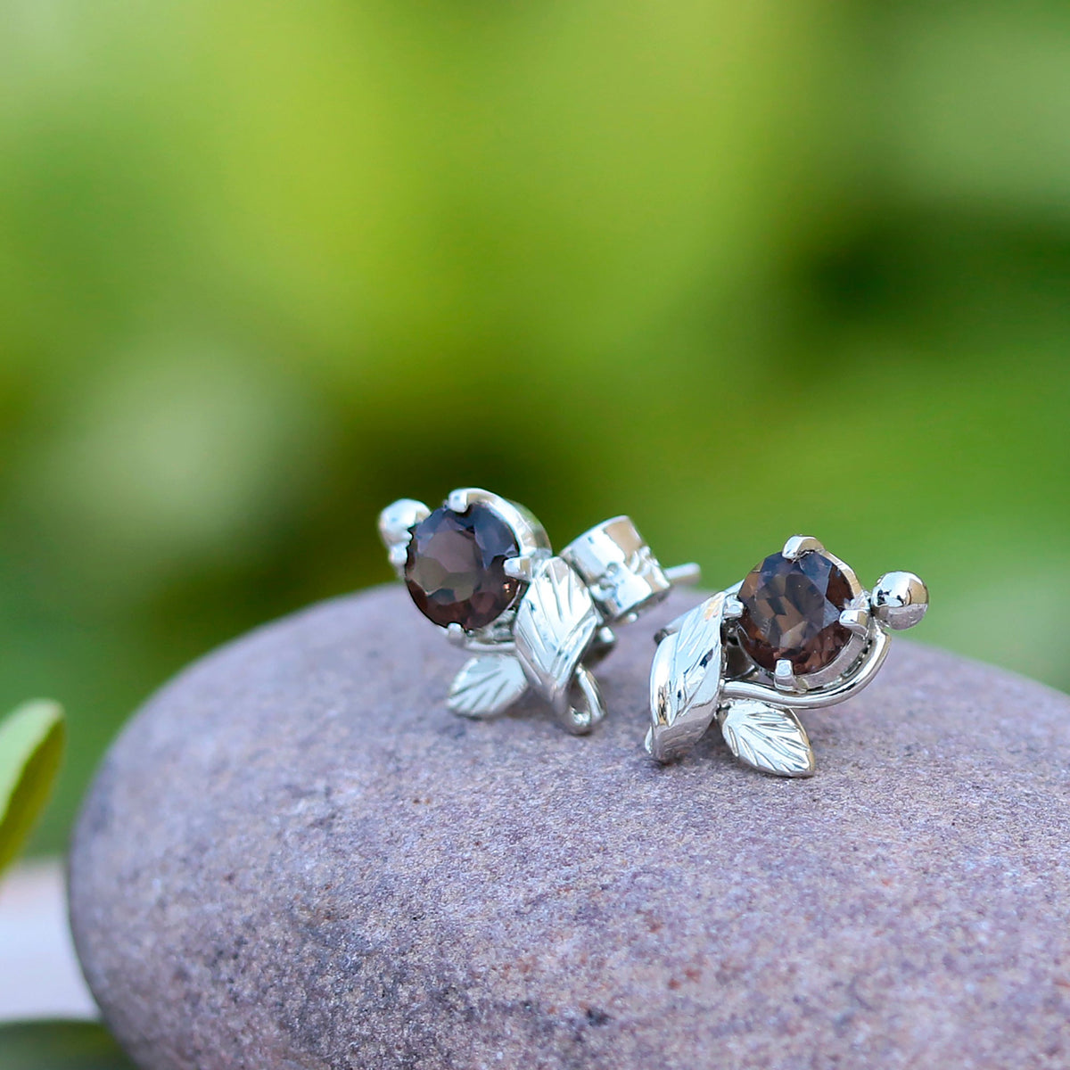 925 Sterling Silver Smoky Quartz Eartops – Leaf-Inspired Handcrafted Jewelry for a Natural Touch