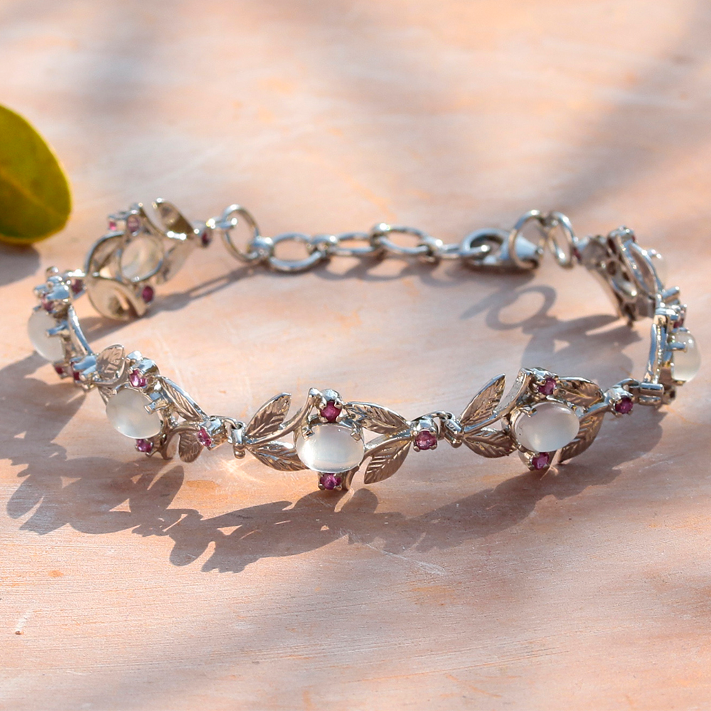 925 Silver Moonstone Bracelet with Ruby Accents – Handcrafted Leaf Pattern Design, Perfect for Gifting or Everyday Wear