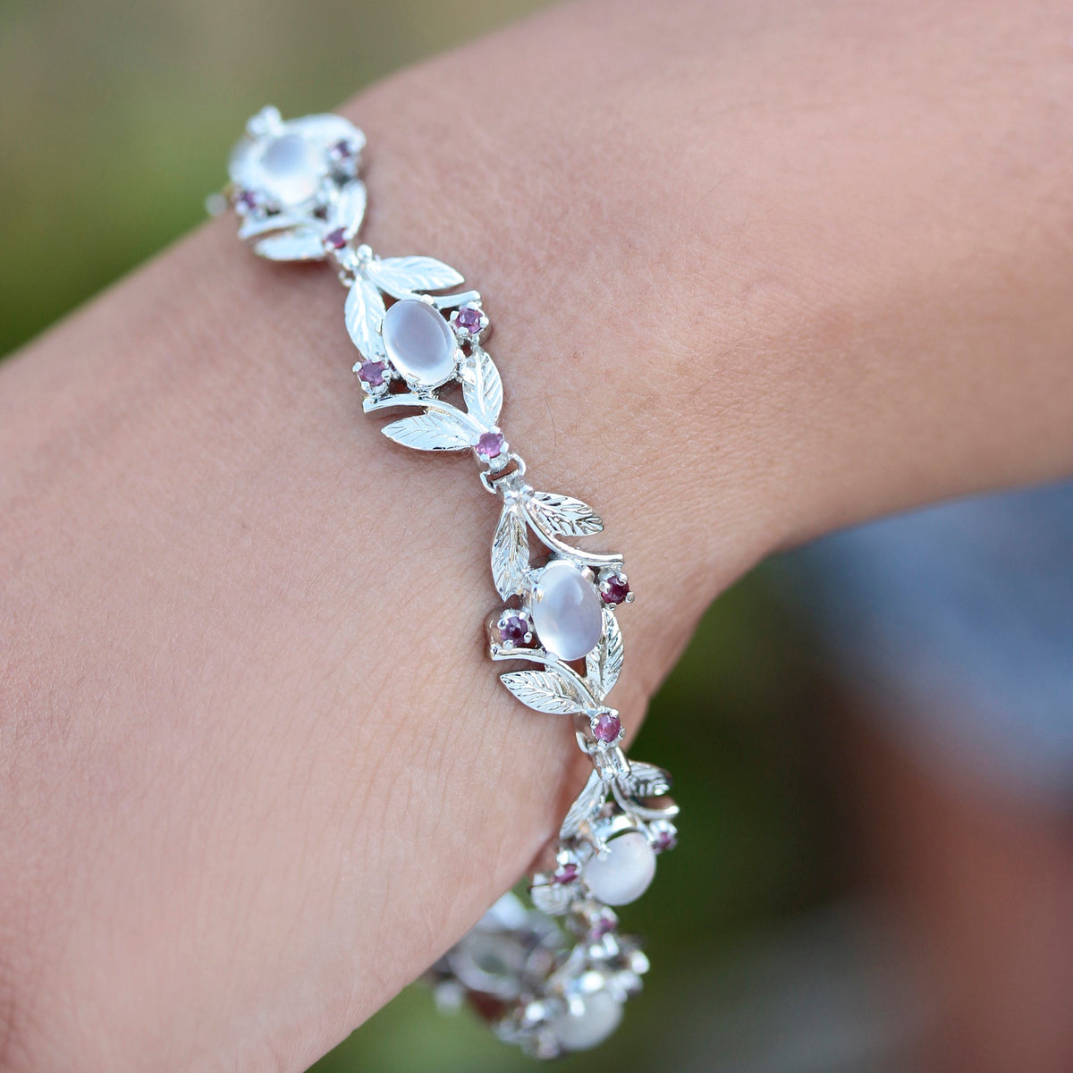 925 Silver Moonstone Bracelet with Ruby Accents – Handcrafted Leaf Pattern Design, Perfect for Gifting or Everyday Wear