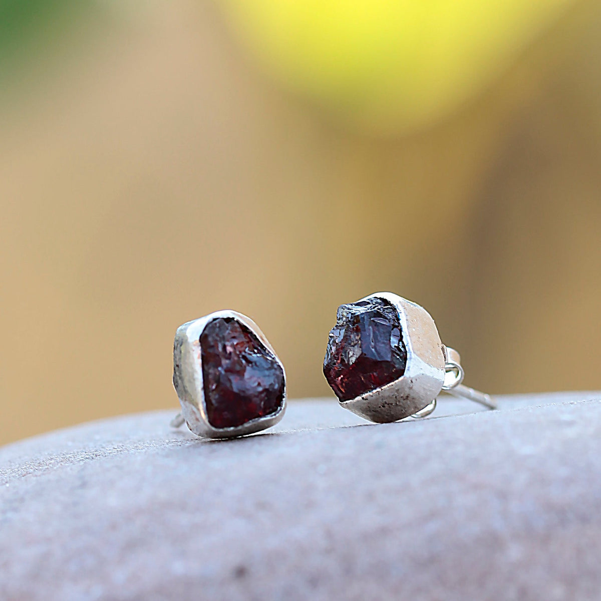 925 Sterling Silver Garnet Uncut Bezel Eartop Studs - Minimalist Raw Gemstone Jewelry for Women