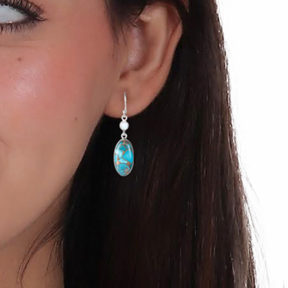 925 Silver Natural Turquoise & Moonstone Drop Earrings Sterling Silver Oval Gemstone Dangles