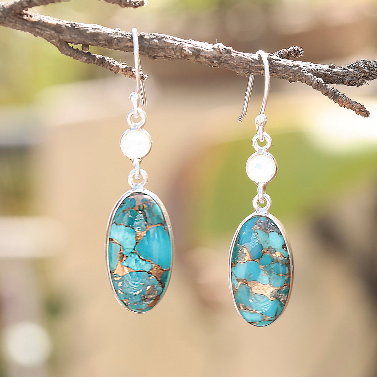 925 Silver Natural Turquoise & Moonstone Drop Earrings Sterling Silver Oval Gemstone Dangles