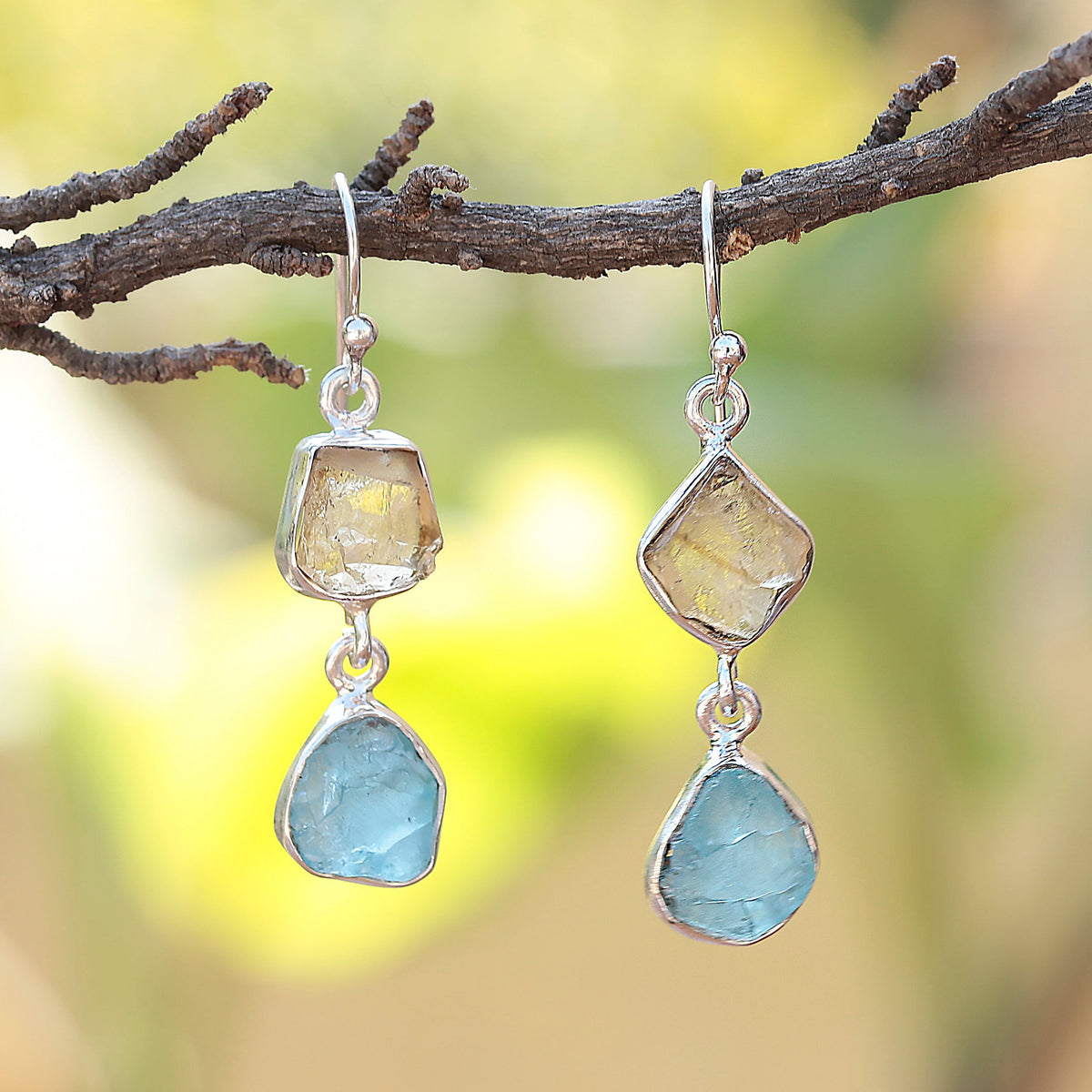925 Silver Uncut  Citrine & Apatite Dangle Earrings Handcrafted Natural Gemstone Jewelry