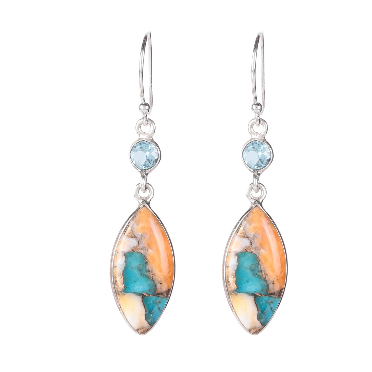 925 Sterling Silver  Natural multi turquoise with blue topaz Drop Earrings Sterling Silver Oval Gemstone Dangles