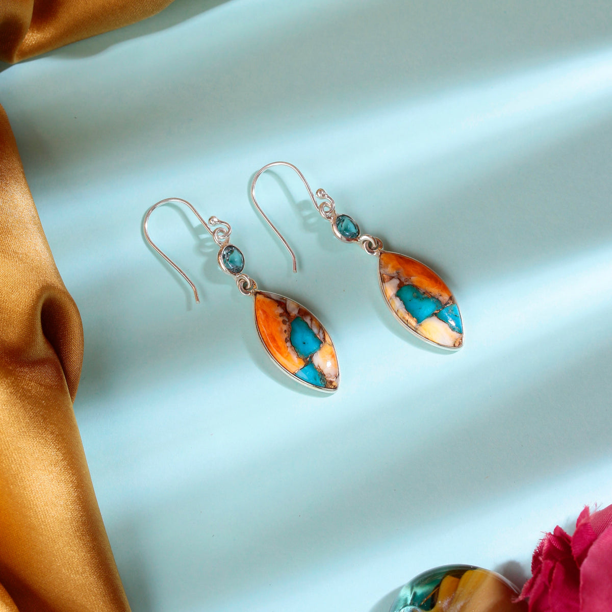 925 Sterling Silver  Natural multi turquoise with blue topaz Drop Earrings Sterling Silver Oval Gemstone Dangles