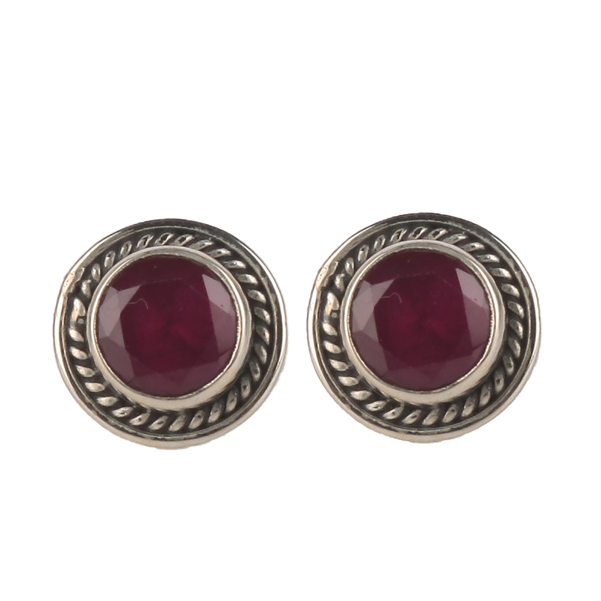 925 Silver Eartops with round faceted Ruby stone handmade in bezel setting with push closure
