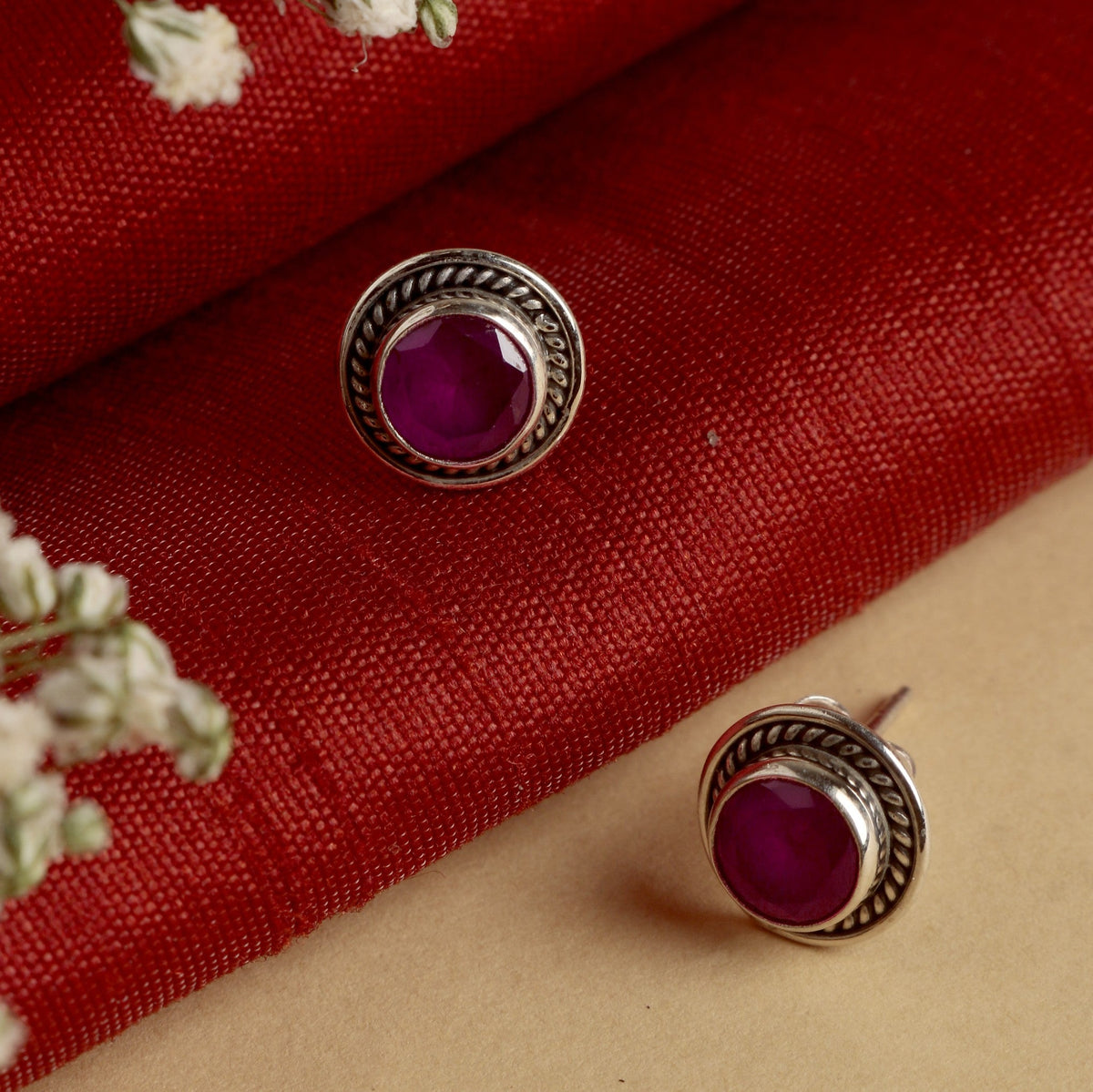 925 Silver Eartops with round faceted Ruby stone handmade in bezel setting with push closure