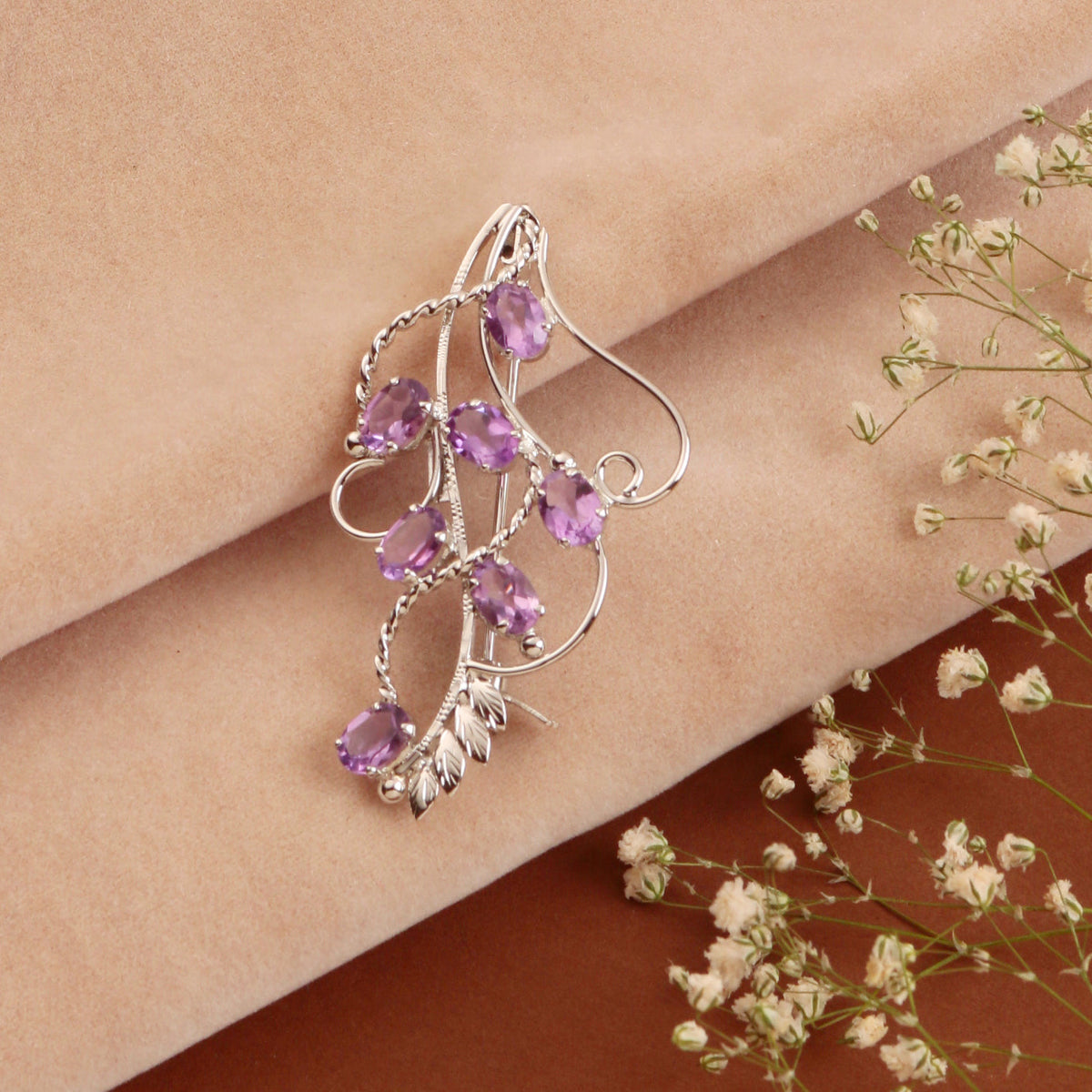 925 Sterling Silver Amethyst Brooch for Women | Handcrafted Purple Gemstone Jewelry | Elegant Designer Accessory