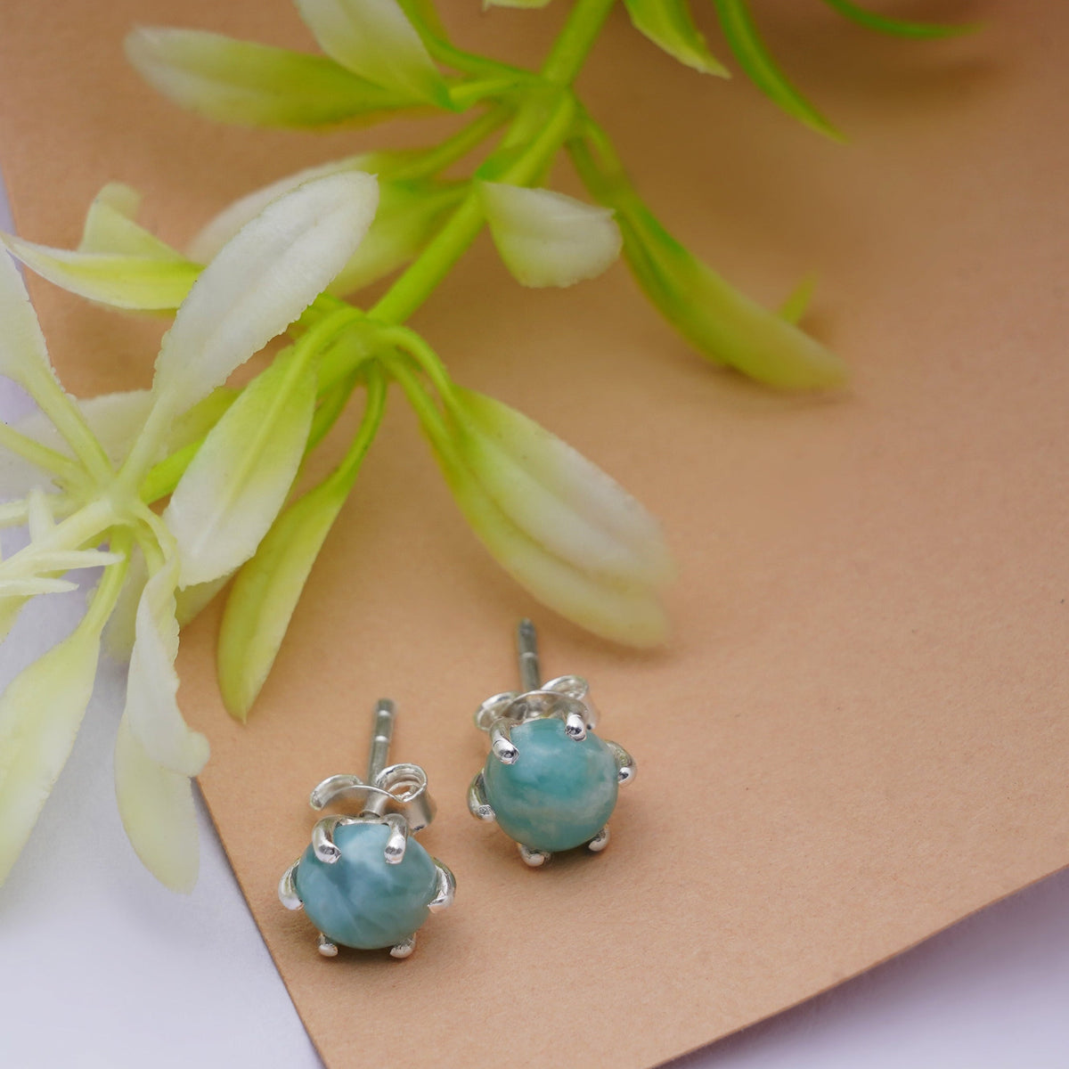 925 Sterling Silver Larimar Eartops for Women | Handcrafted Blue Gemstone Jewelry | Tropical Ocean-Inspired Design