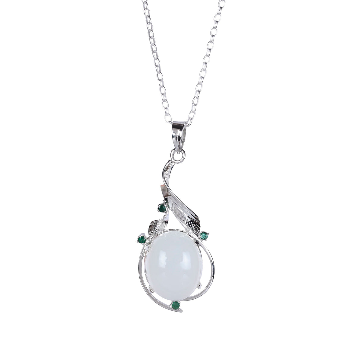 925 Sterling Silver Moonstone and Emerald Pendant Necklace – Elegant Floral Design with Emerald Stone