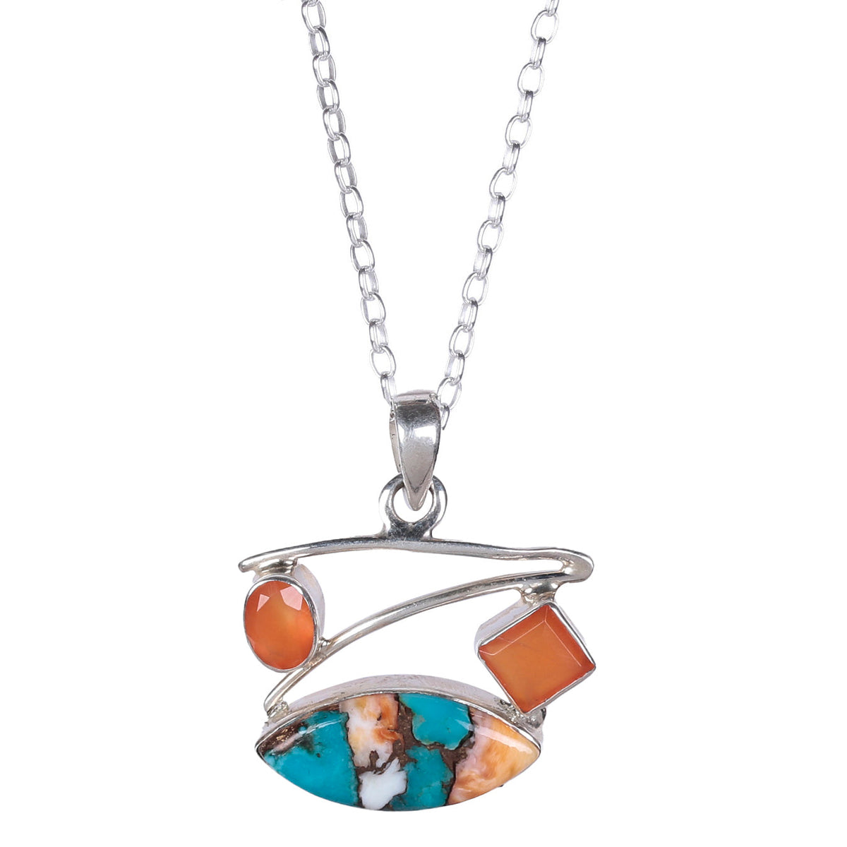 925 Silver Multi Turquoise & Carnelian Stone Pendant Handmade Necklace, Vibrant Energy, Perfect Gift for Women