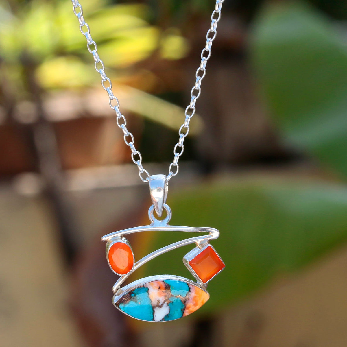 925 Silver Multi Turquoise & Carnelian Stone Pendant Handmade Necklace, Vibrant Energy, Perfect Gift for Women