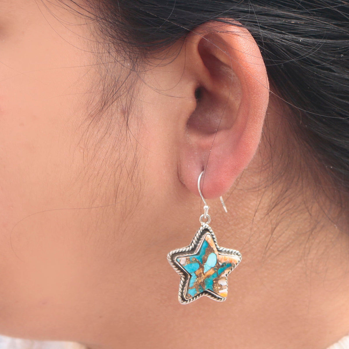 925 Sterling Silver Star-Shaped Turquoise Inlay Earrings – Boho Chic Handmade Jewelry