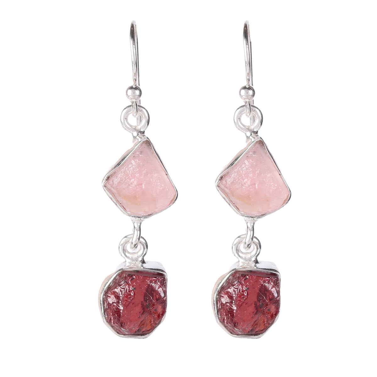925 Silver Rose Quartz& Garnets Uncut Stone Earrings  –Handmade, Vibrant Energy, Perfect Gift for Women