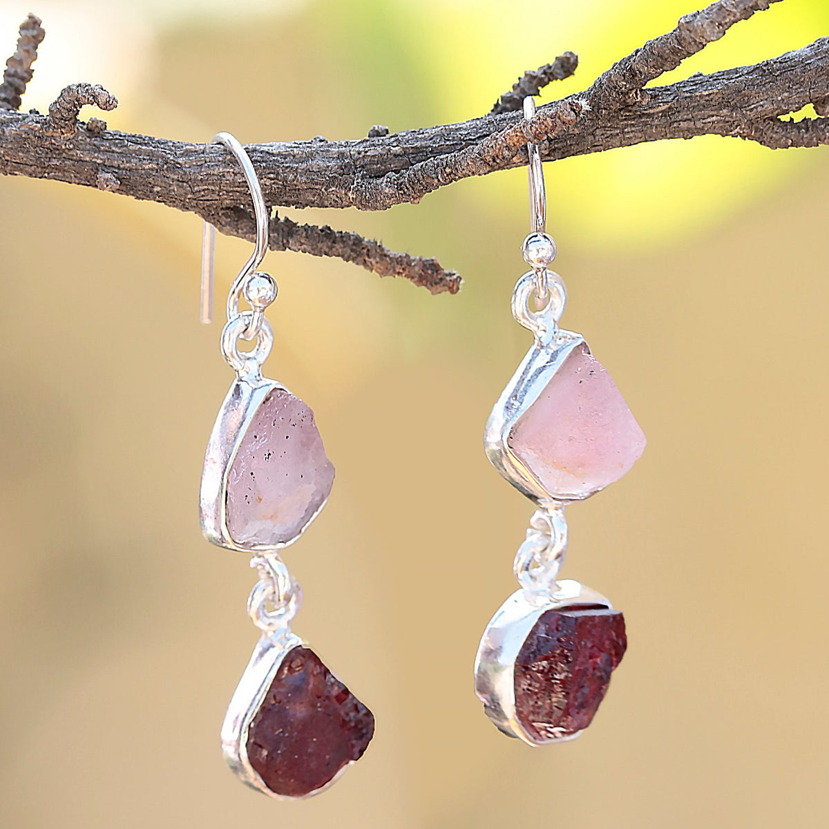 925 Silver Rose Quartz& Garnets Uncut Stone Earrings  –Handmade, Vibrant Energy, Perfect Gift for Women