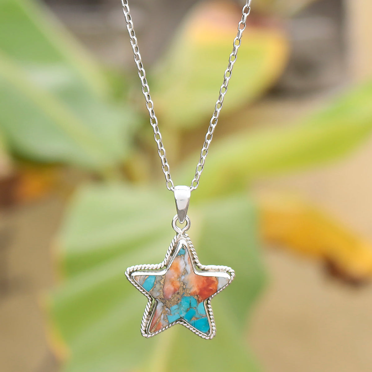 925 Sterling Silver Star-Shaped Turquoise Inlay Pendant – Handmade Boho Jewelry