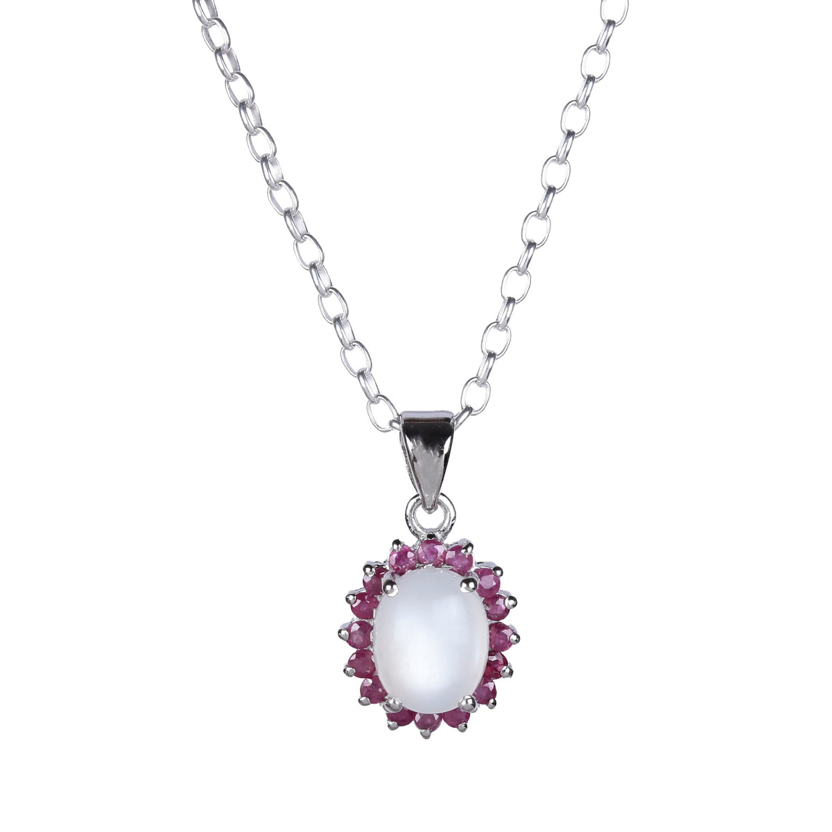 925 Sterling Silver Moonstone & Ruby  Pendant Necklace  Elegant Design For Women
