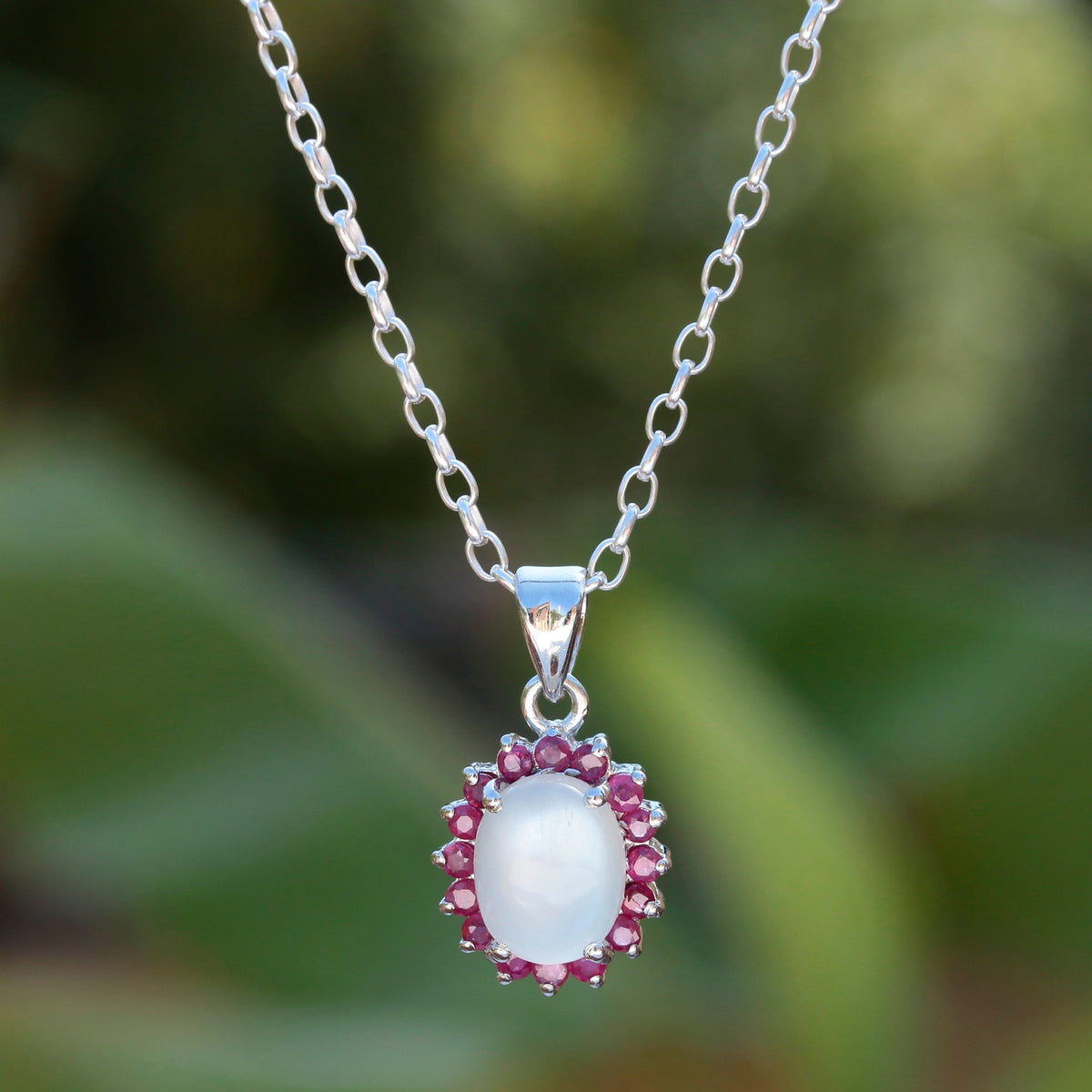 925 Sterling Silver Moonstone & Ruby  Pendant Necklace  Elegant Design For Women
