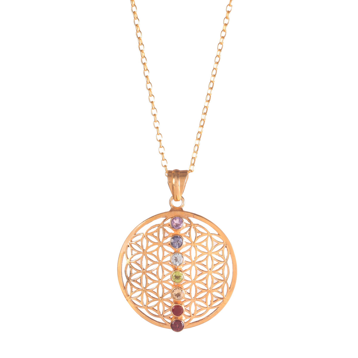 925 Silver Gold-Platedr Chakra Pendant 7 Gemstone Healing Energy Necklace