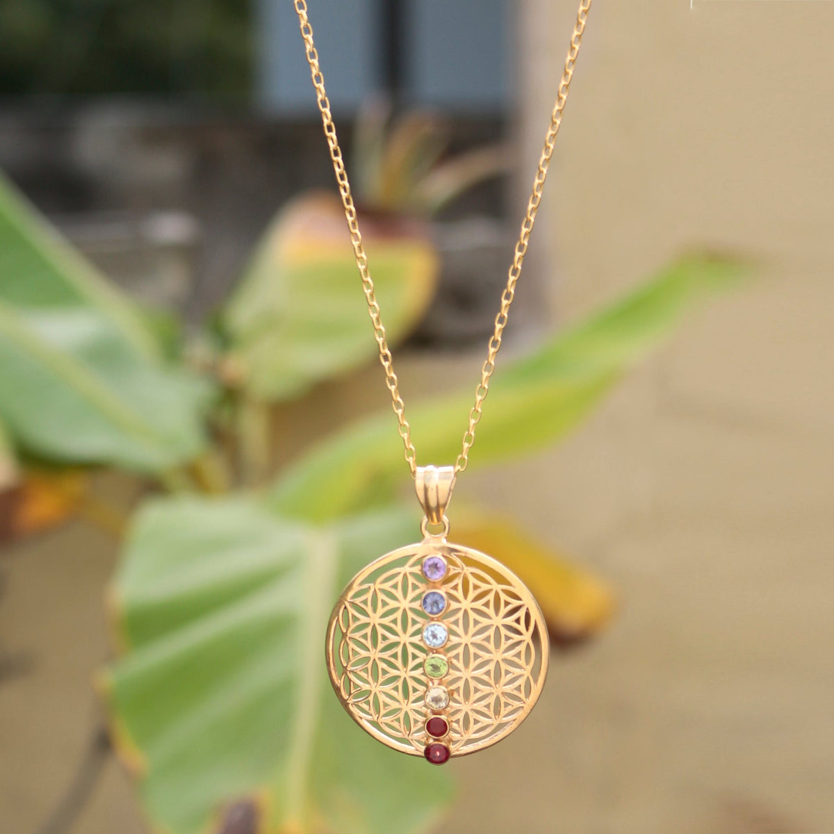 925 Silver Gold-Platedr Chakra Pendant 7 Gemstone Healing Energy Necklace