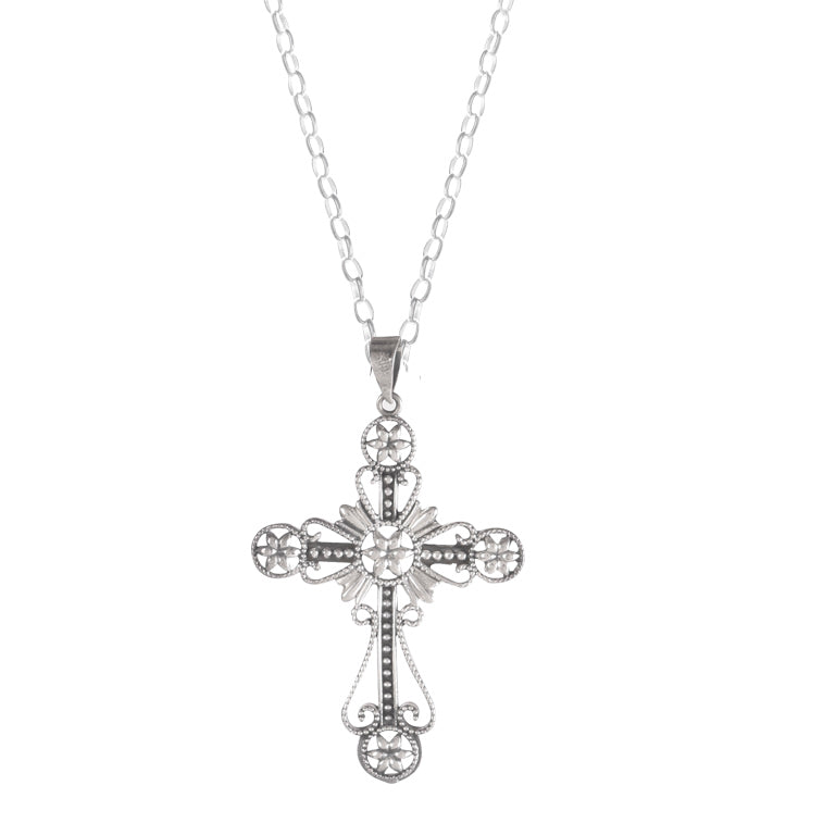 925 Sterling Silver Cross Pendant with Intricate Marcasite Detailing – Timeless Elegance