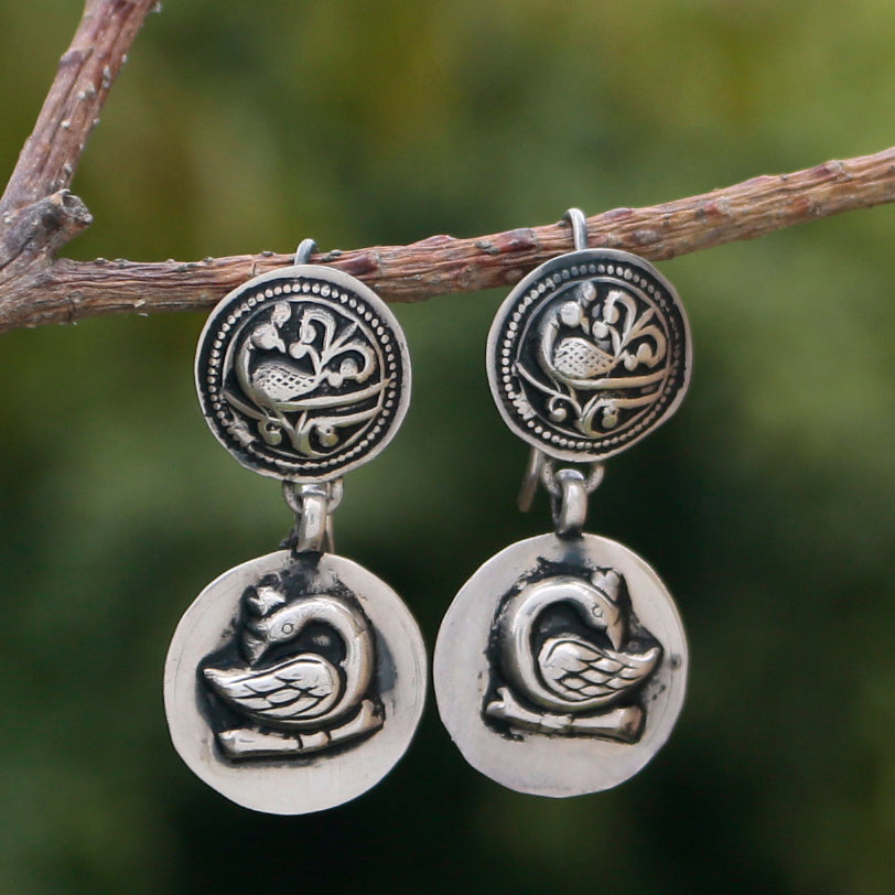 Handcrafted Sterling Silver Earrings with Antique Coin and Bird Motif – Exquisite Heritage Design