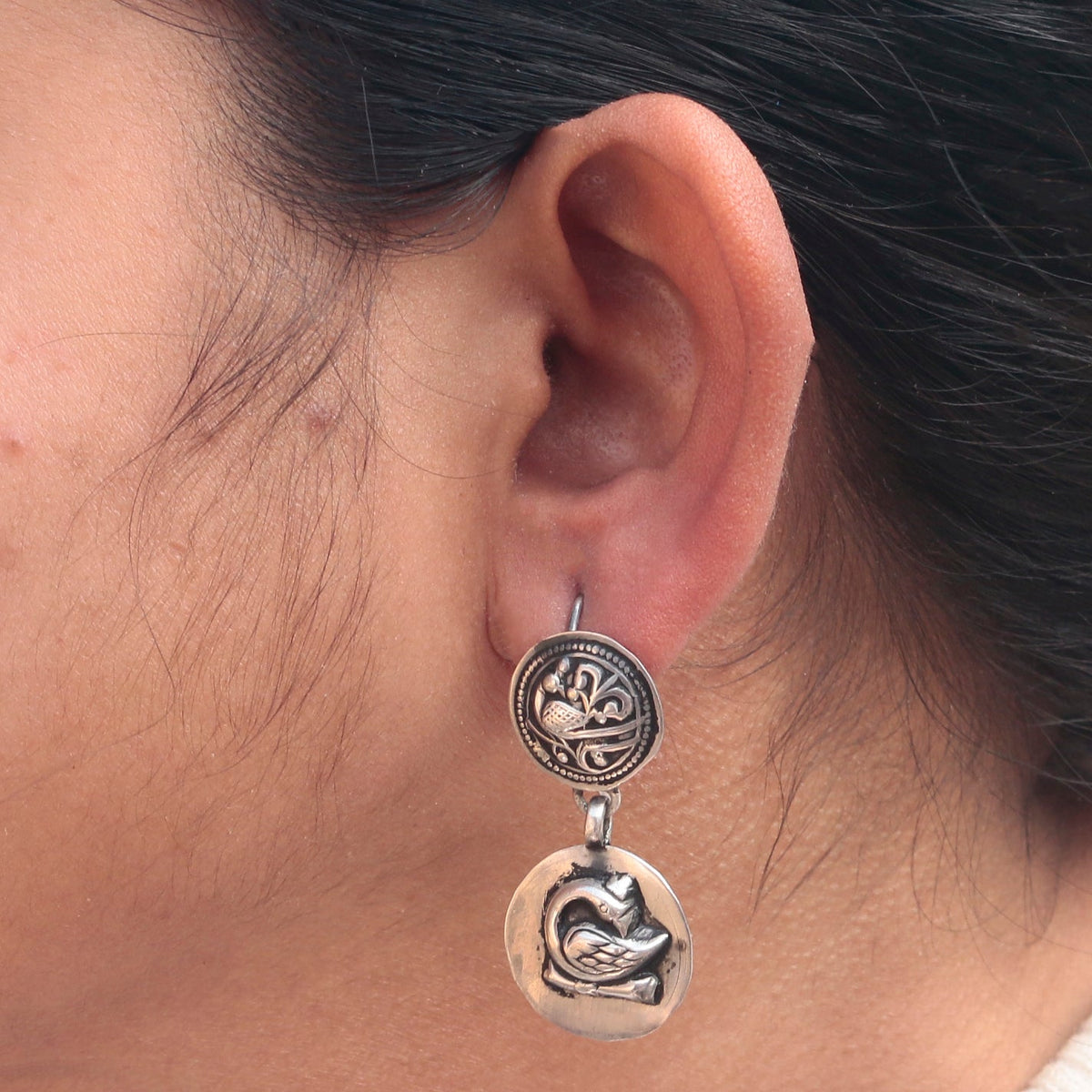 Handcrafted Sterling Silver Earrings with Antique Coin and Bird Motif – Exquisite Heritage Design