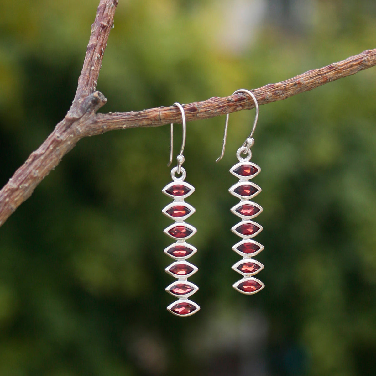 Sterling Silver Drop Earrings with Marquise-Cut Garnet Stones – Elegant Red Gemstone Jewelry