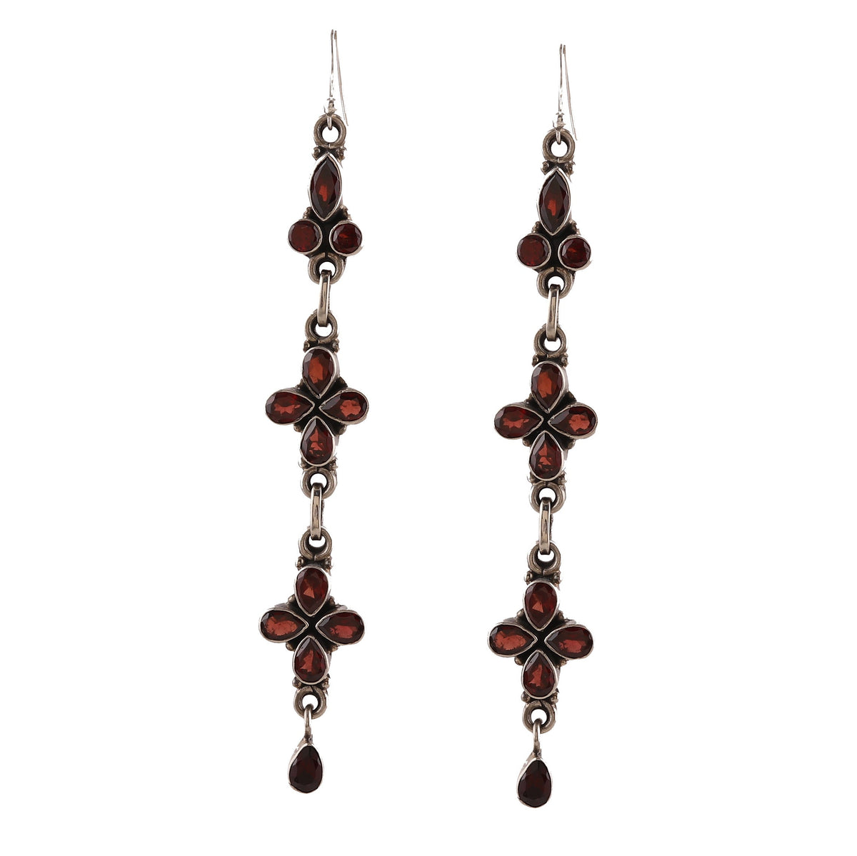 Sterling Silver Garnet Earrings Floral Design with Garnet Gemstone Drops