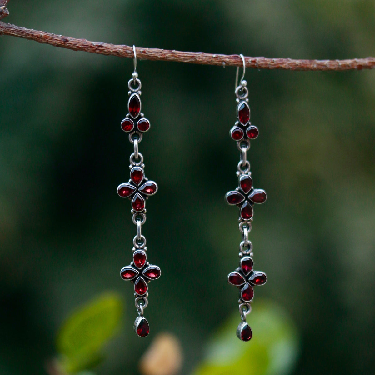 Sterling Silver Garnet Earrings Floral Design with Garnet Gemstone Drops