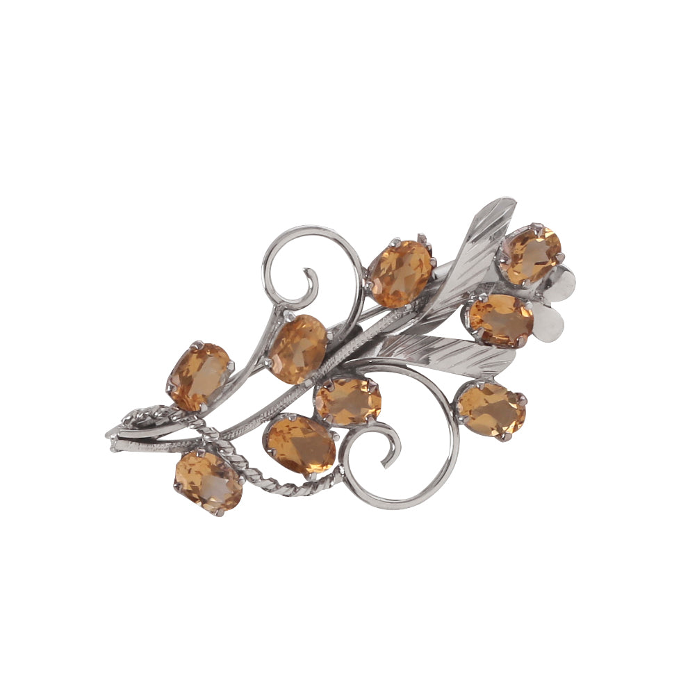 925  Silver Citrine Brooch Gemstones Vintage Leaf Elegant  Design
