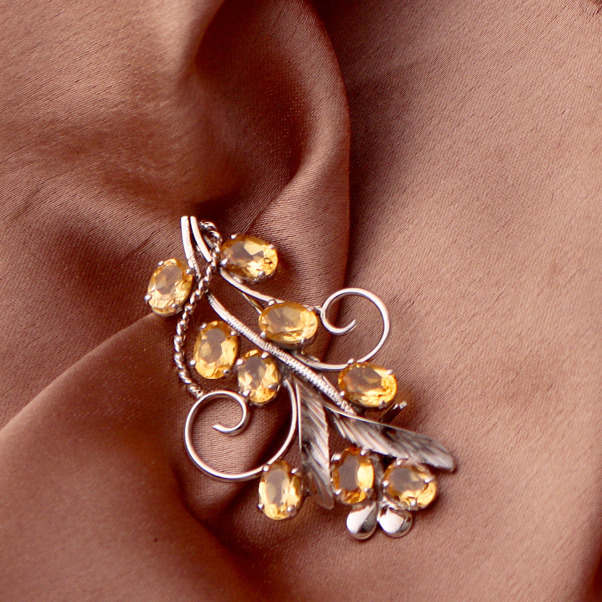 925  Silver Citrine Brooch Gemstones Vintage Leaf Elegant  Design