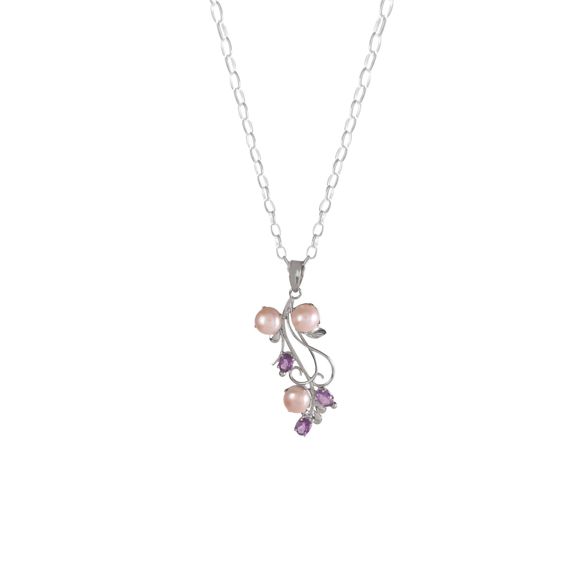 925 Sterling Silver Pearl and Amethyst Pendant Necklace – Floral Vine Design